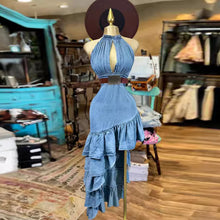 Load image into Gallery viewer, Halterneck Cutout Ruffled Asymmetrical Denim Midi Dress
