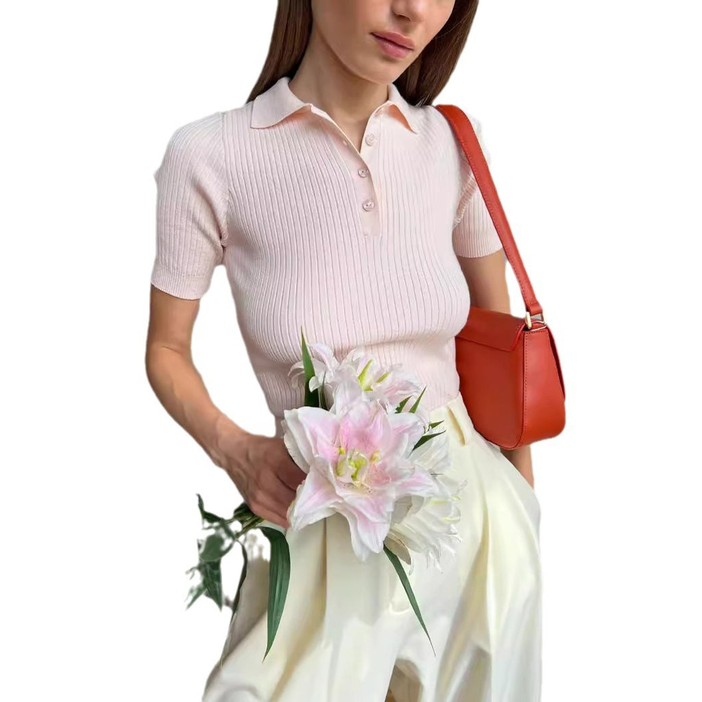 Short Sleeves Tees Apricot Turndown Collar Acrylic Women Tee Shirt