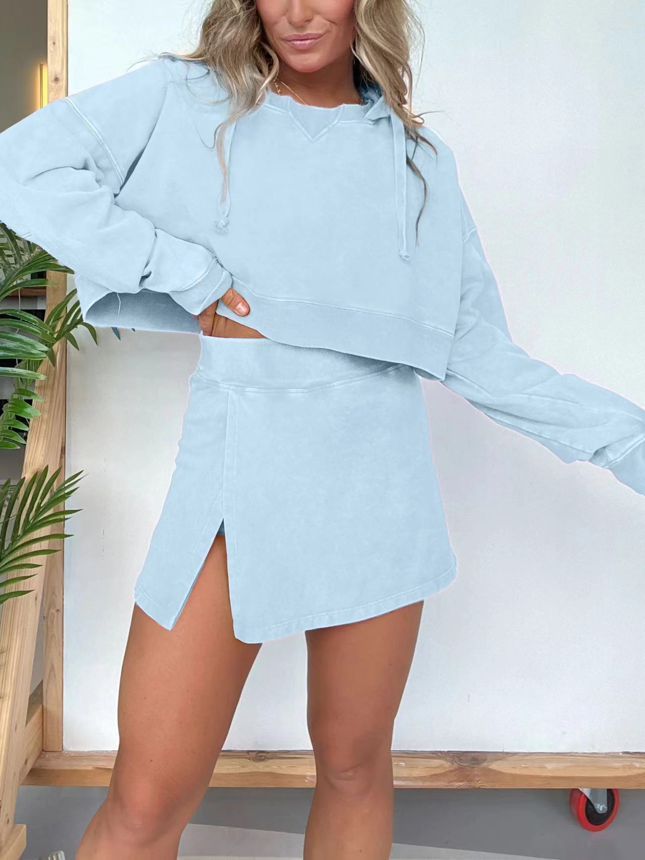 Long Sleeves Cropped Hoodie Split Front Skirt Set