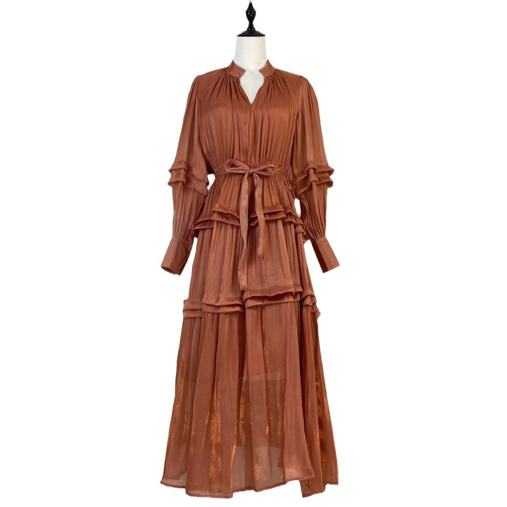 Elegant Lantern Long Sleeves V-Neck Pleated Tiered Maxi Dress