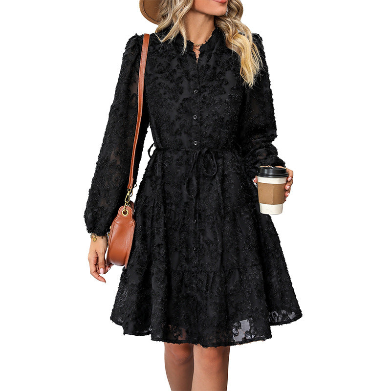 Standing Neck Long Sleeve Lace Jacquard Midi Dress
