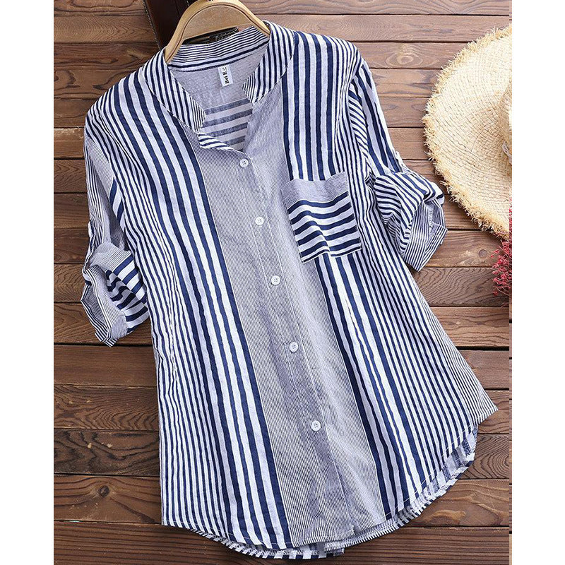 Classic 3/4 Sleeve Striped Button Up Shirt