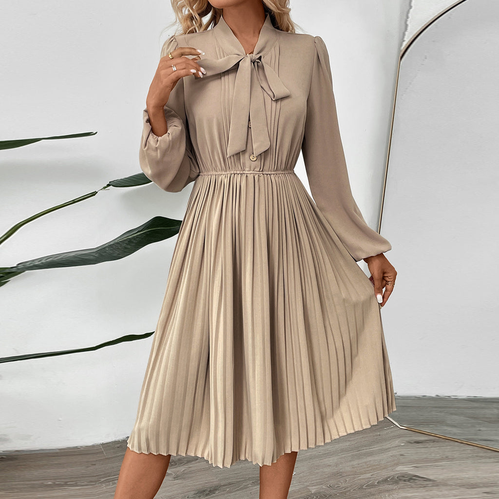Elegant Beige Tie Neck Pleated Long Sleeve Midi Dress