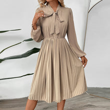 Load image into Gallery viewer, Elegant Beige Tie Neck Pleated Long Sleeve Midi Dress
