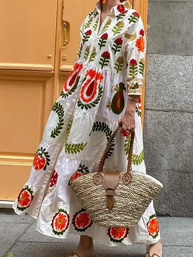 Botanical Print Lapel Ruffled Resort Maxi Dress