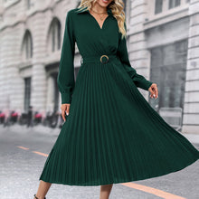 Load image into Gallery viewer, V-neck Long Sleeves Pleated Midi Dress

