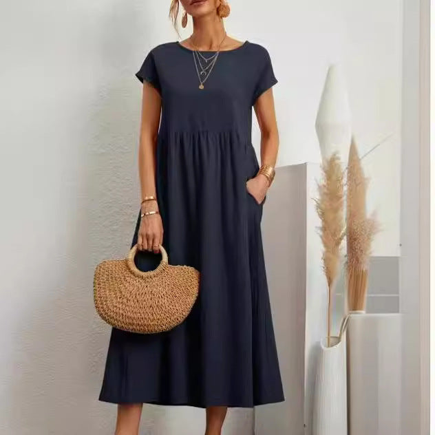 Casual Round Neck Short Sleeve A Line Pockets Midi Dress
