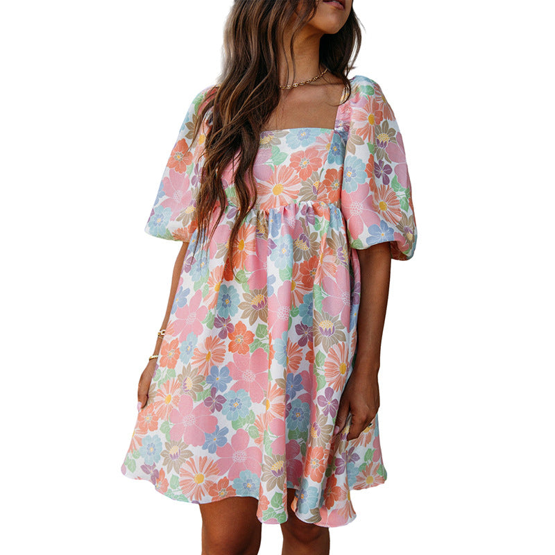 Floral Square Neck Short Puff Sleeve Babydoll Dress