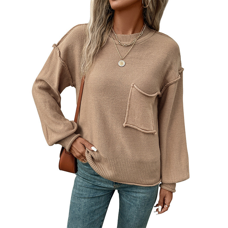 Casual Pockets Round Neck Pullovers Long Sleeve Sweater
