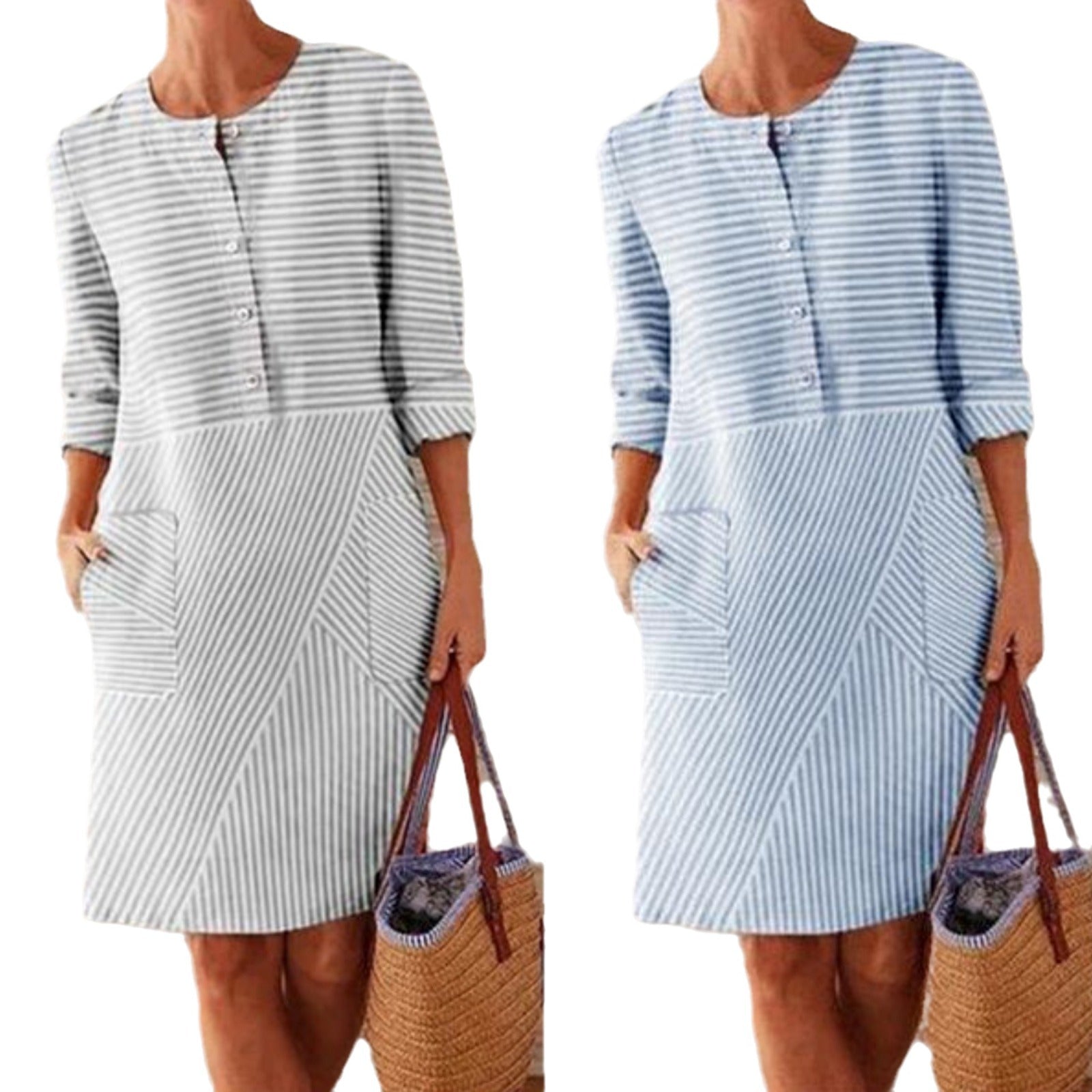 Buttons Down Stripped Midi Dress with Pockets