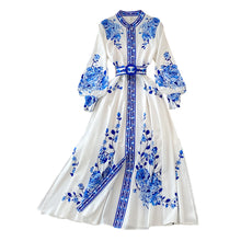 Load image into Gallery viewer, White Blue Floral Print Long Sleeves Buttons Down Maxi Dress
