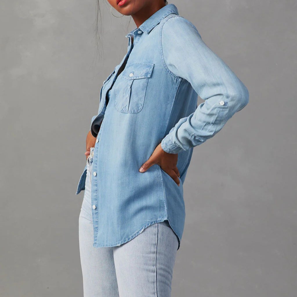Simple Lapel Single-Breasted Long Sleeve Denim Shirt