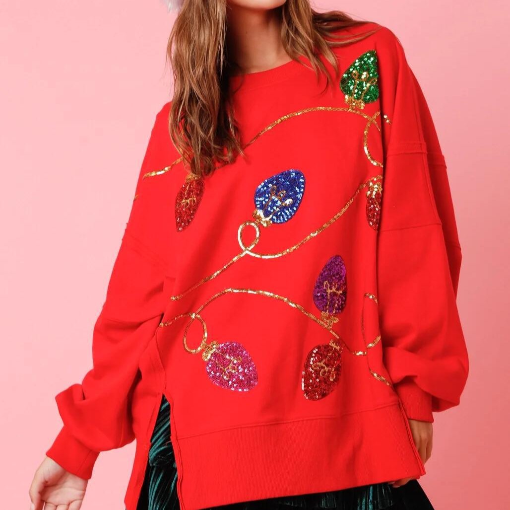 Christmas Lights Sequin Long Sleeve Slit Pullover Sweatshirt