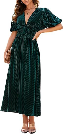 Elegant V-Neck Velvet Maxi Dress Wedding Guest Formal Party Long Dress