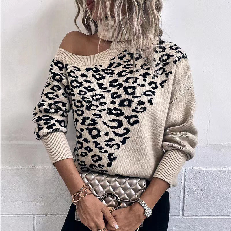 Leopard Turtleneck Cold Shoulder Long Sleeve Sweater