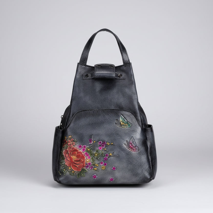 Floral Butterfly Embossed Leather Handbag  Women Backpack