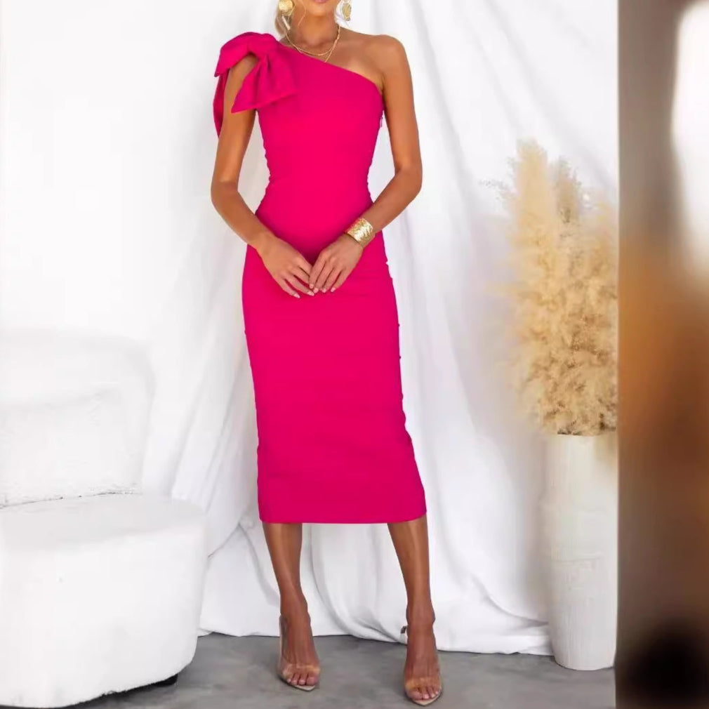 Elegant Bow Detail One Shoulder Bodycon Midi Dress