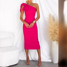 Load image into Gallery viewer, Elegant Bow Detail One Shoulder Bodycon Midi Dress
