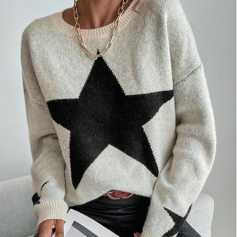 Casual Long Sleeve Crewneck Star Print Pullover Knit Sweater Top