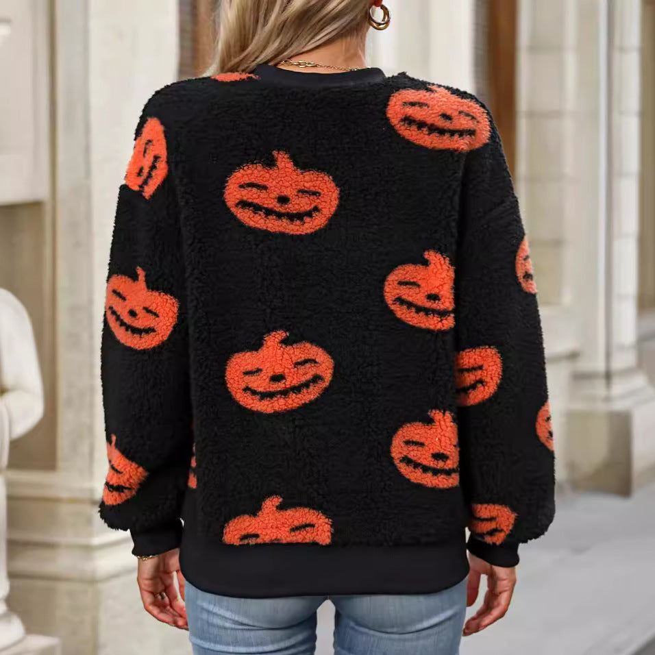 Fuzzy Pumpkin Round Neck Dropped Shoulder Top
