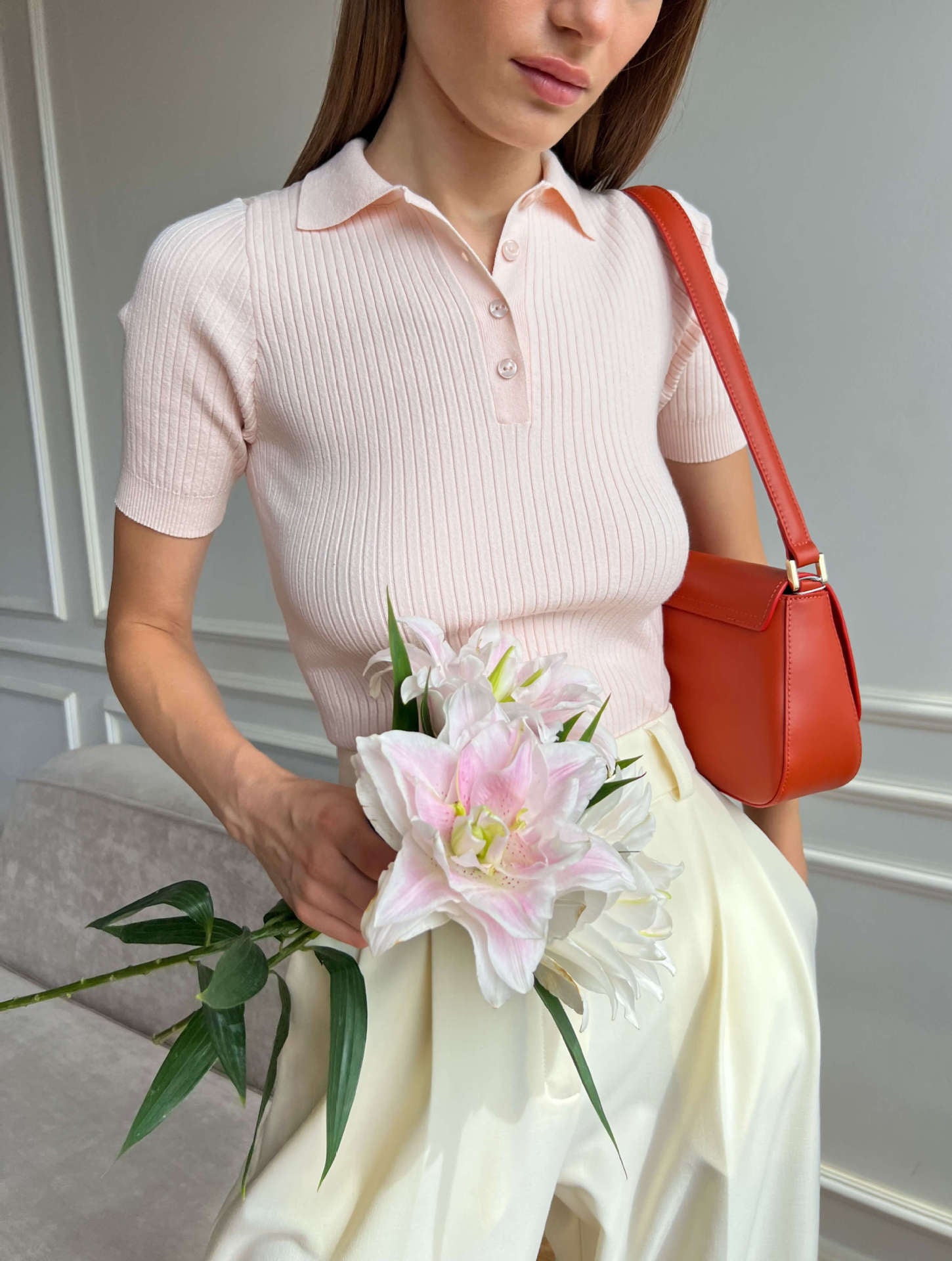 Short Sleeves Tees Apricot Turndown Collar Acrylic Women Tee Shirt