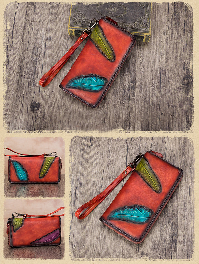 Women's Wallet Genuine Leather Zip Around Wristlet Long Purse Unique Embossed Handmade Clutch
