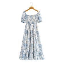Load image into Gallery viewer, Light Blue Floral Print Short Sleeve Smocked Midi Dress
