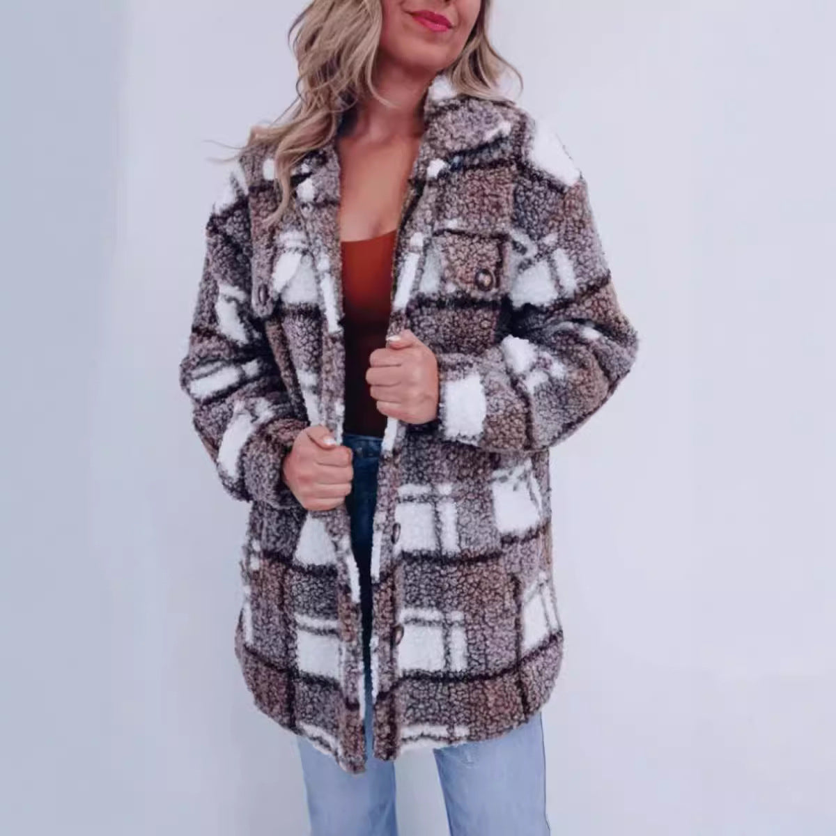 Collar Long Sleeve Teddy Plaid Wool Jacket