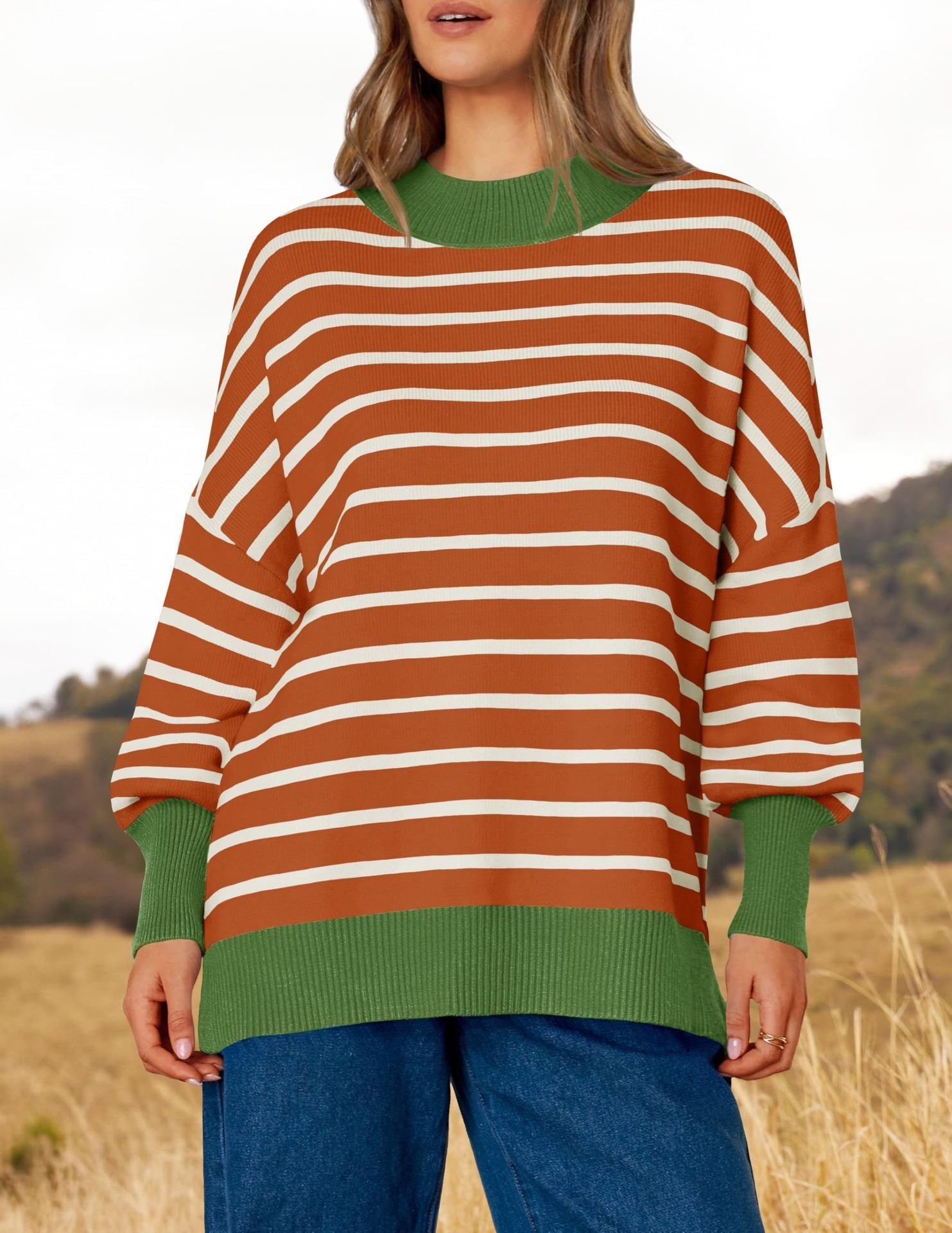 Oversized Crewneck Casual Long Sleeve Contrast Loose Knit Pullover Sweaters Top