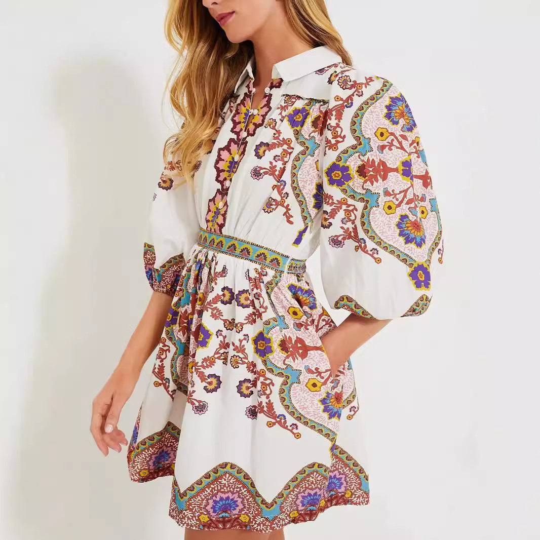 Ethnic Bohemian Long Sleeves Printed Pockets Mini Dress
