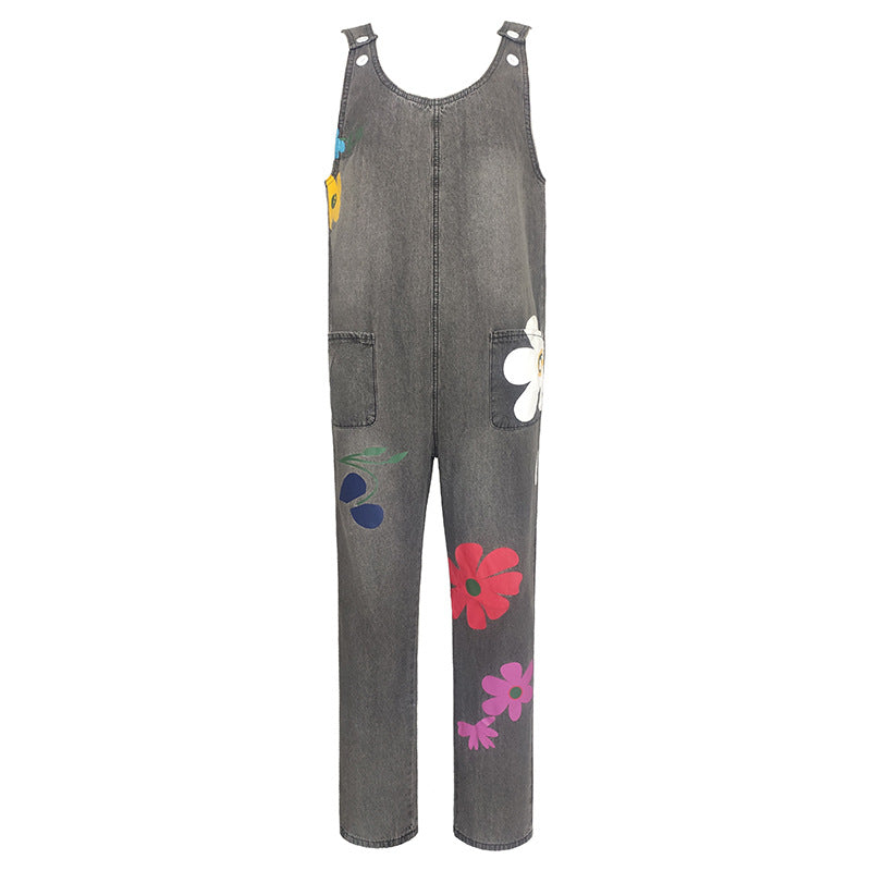 Denim Wide Leg Drop Crotch Jumpsuit Rompers Overalls