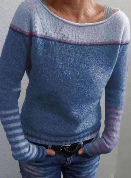 Color Block Striped Boat Neck Long Sleeve Sweater