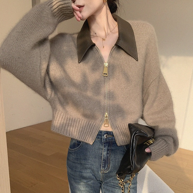 Collar Zipper Long Sleeve Knit Cardigan