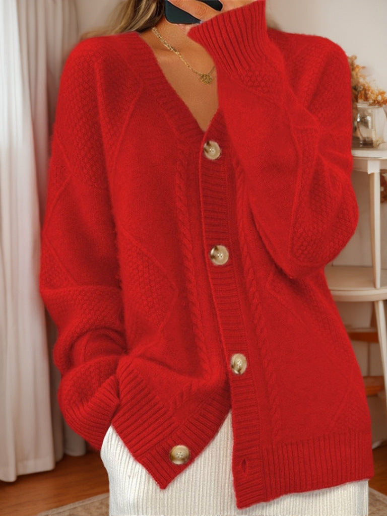 Button-Down Jacquard Long-Sleeved V-Neck Knitted Cardigan