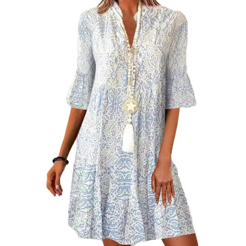 Blue Printed Buttons Front Bell Sleeve Mini Dress