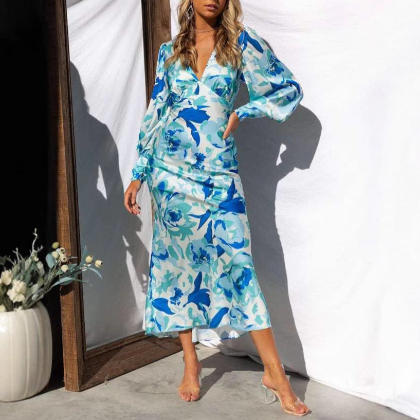 Chic Bouquet Floral Long Sleeves Hollow Out Midi Dress