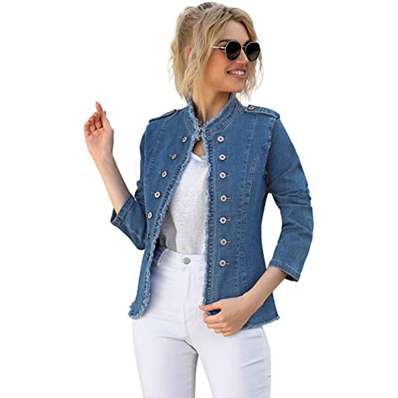 Blue Raw Trim Long Sleeves Single Breasted Button Denim Jacket