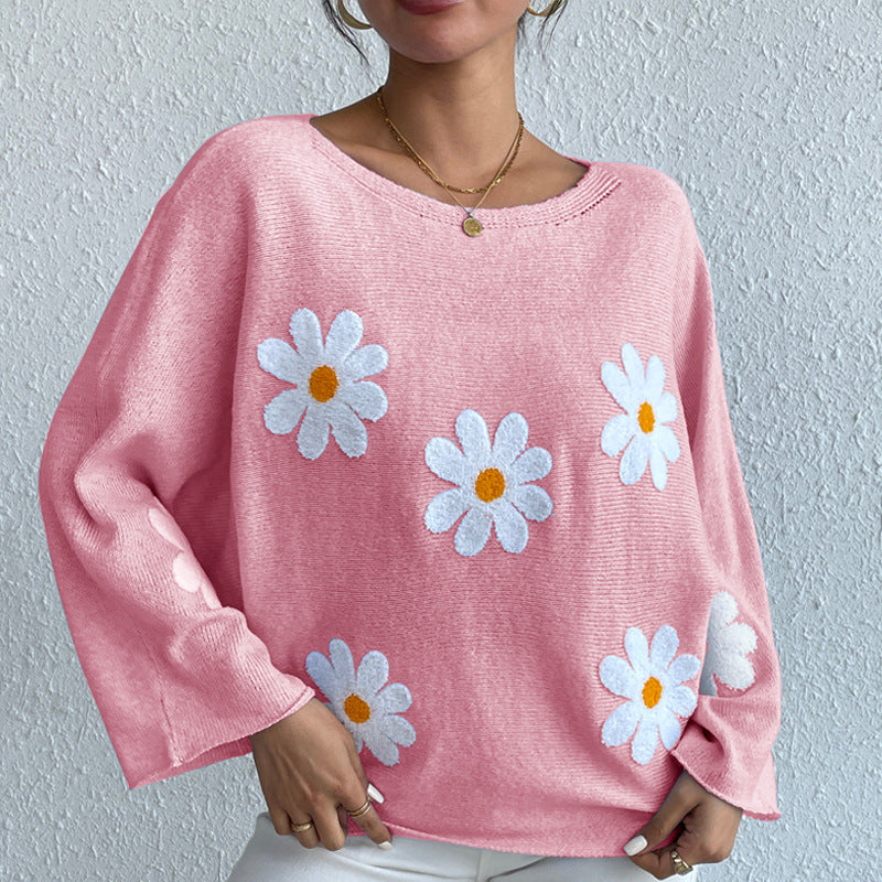 Embroidered Floral Knit Pullover Sweater