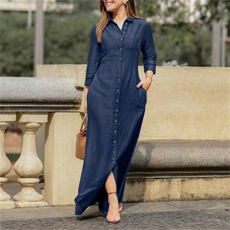 Collar Buttons Down Long Sleeve Maxi Denim Dress