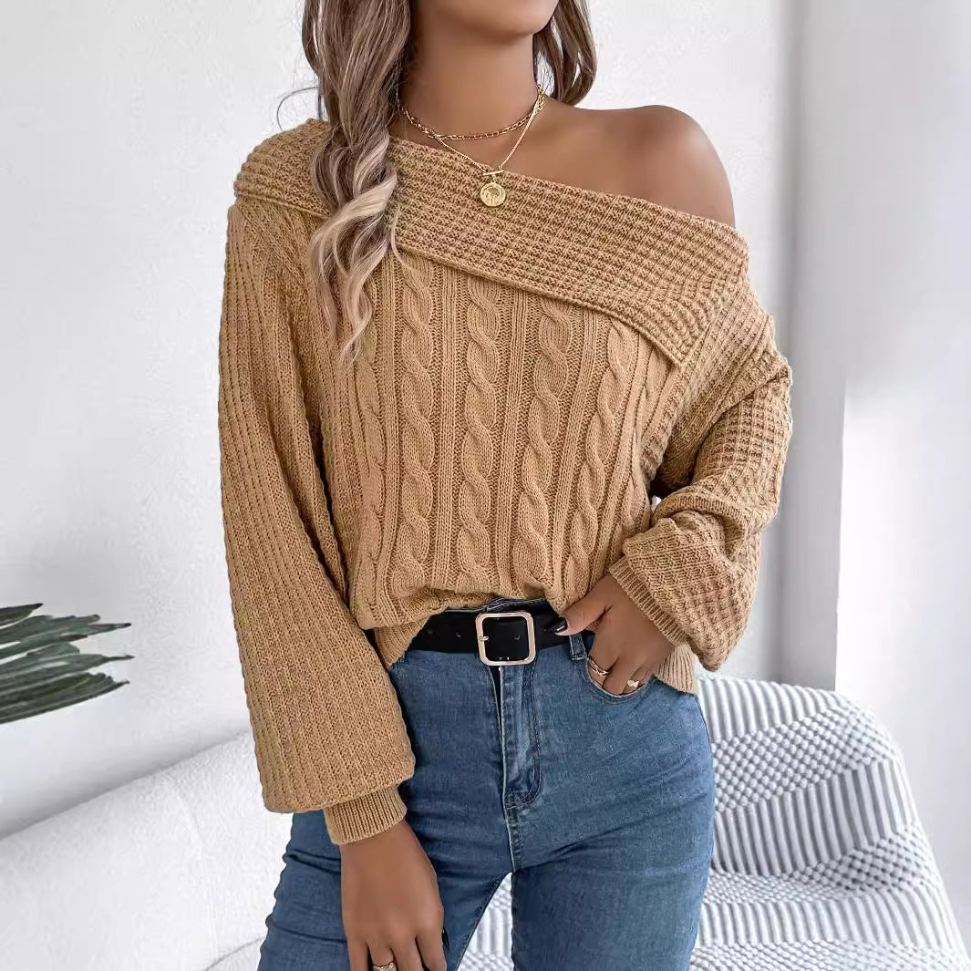 Casual One Shoulder Long Sleeve Knitted Sweater