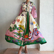 Load image into Gallery viewer, Retro Print Long Sleeve Buttons Down Midi Dress
