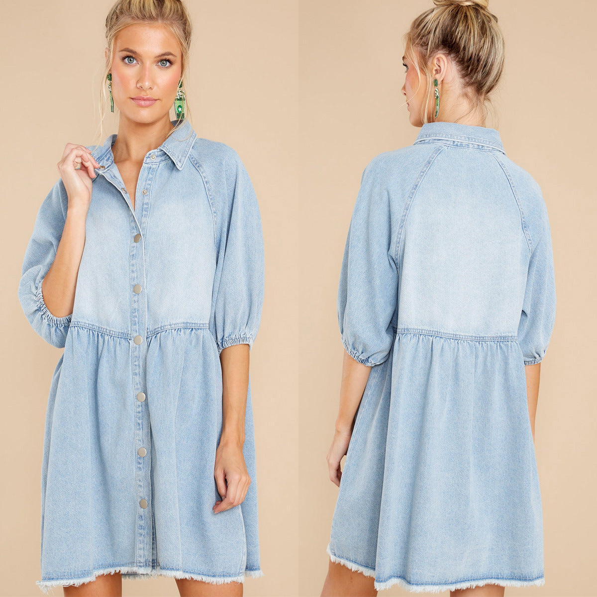 Collar Buttons Down Raw Hem Half Sleeve Mini Denim Dress