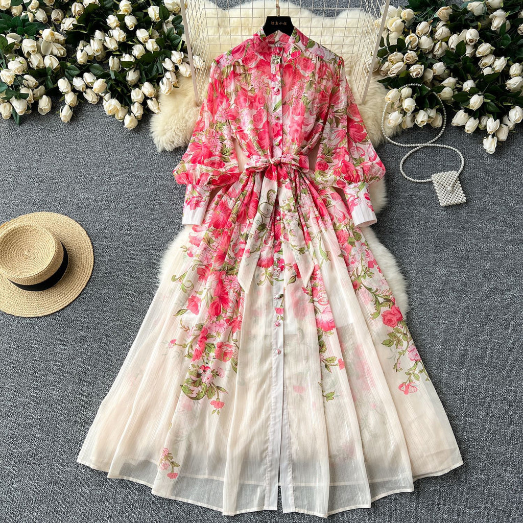 Floral Long Sleeves Buttons Down Maxi Dress