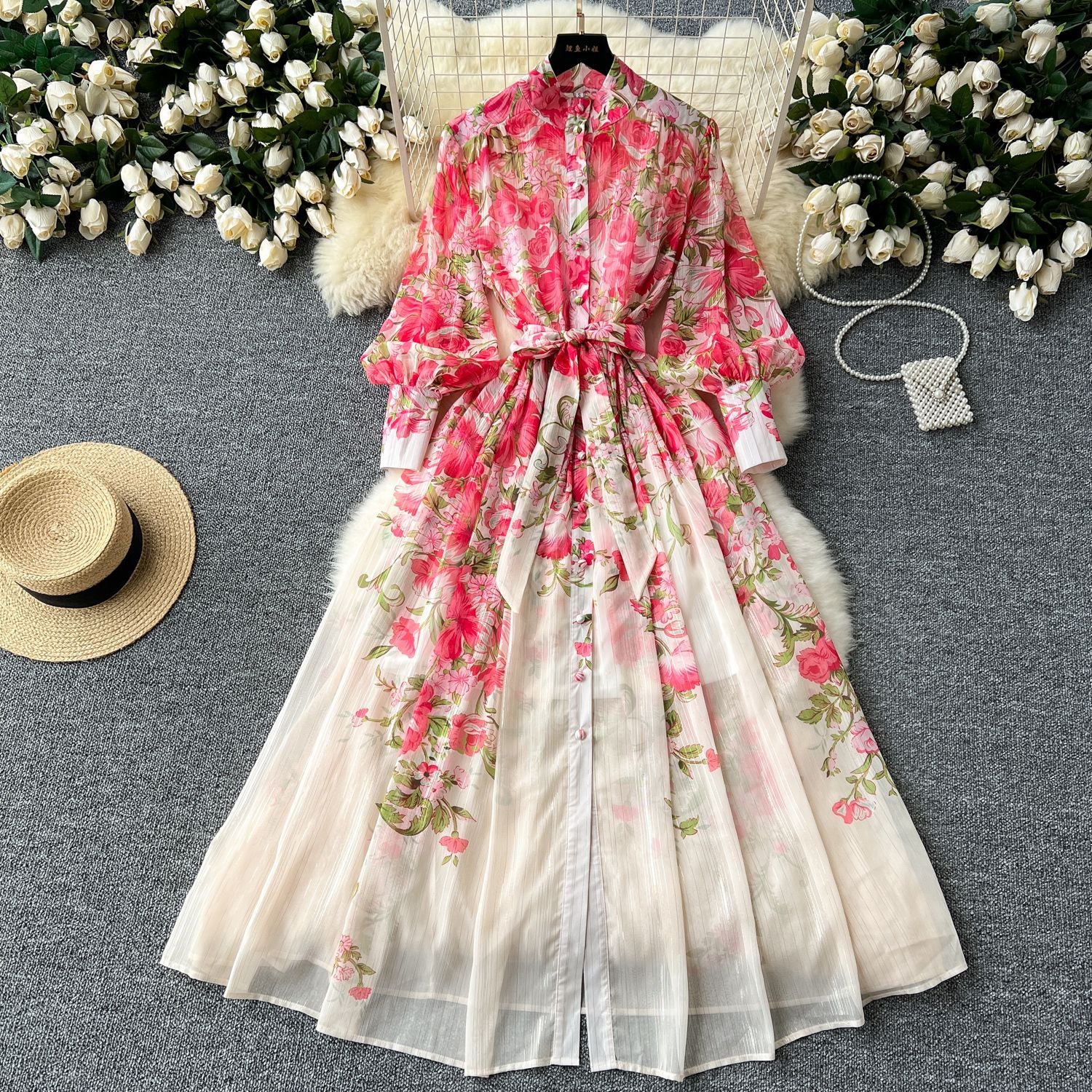 Floral Long Sleeves Buttons Down Maxi Dress