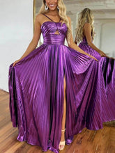 Load image into Gallery viewer, Metallic Fabric Cross Neck Cutout Slit Pleated Maxi Dress
