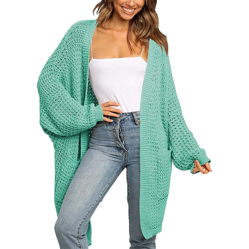 Casual Solid Pocket V Neck Top Sweater Cardigan