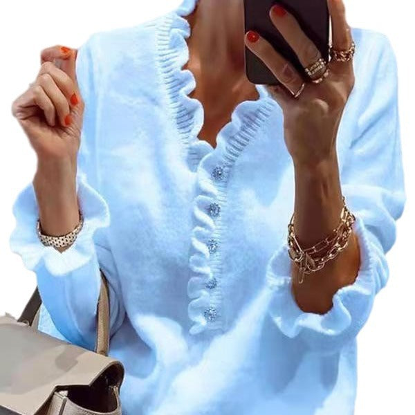 Long Sleeves Ruffled V-neck Sweater