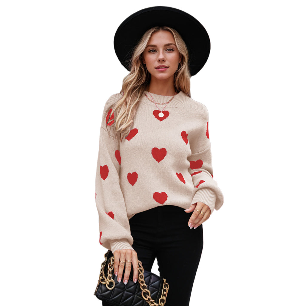 Heart Pattern Lantern Sleeve Round Neck Sweater