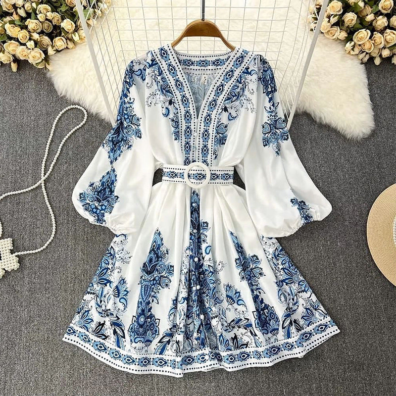 Elegant Printed Long Sleeves Belt Midi Dress