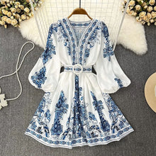 Load image into Gallery viewer, Elegant Printed Long Sleeves Belt Midi Dress
